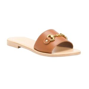 Avellini Italy Cognac Brown Faux Leather Gold Chain Bit Sandals Slides - 6.5